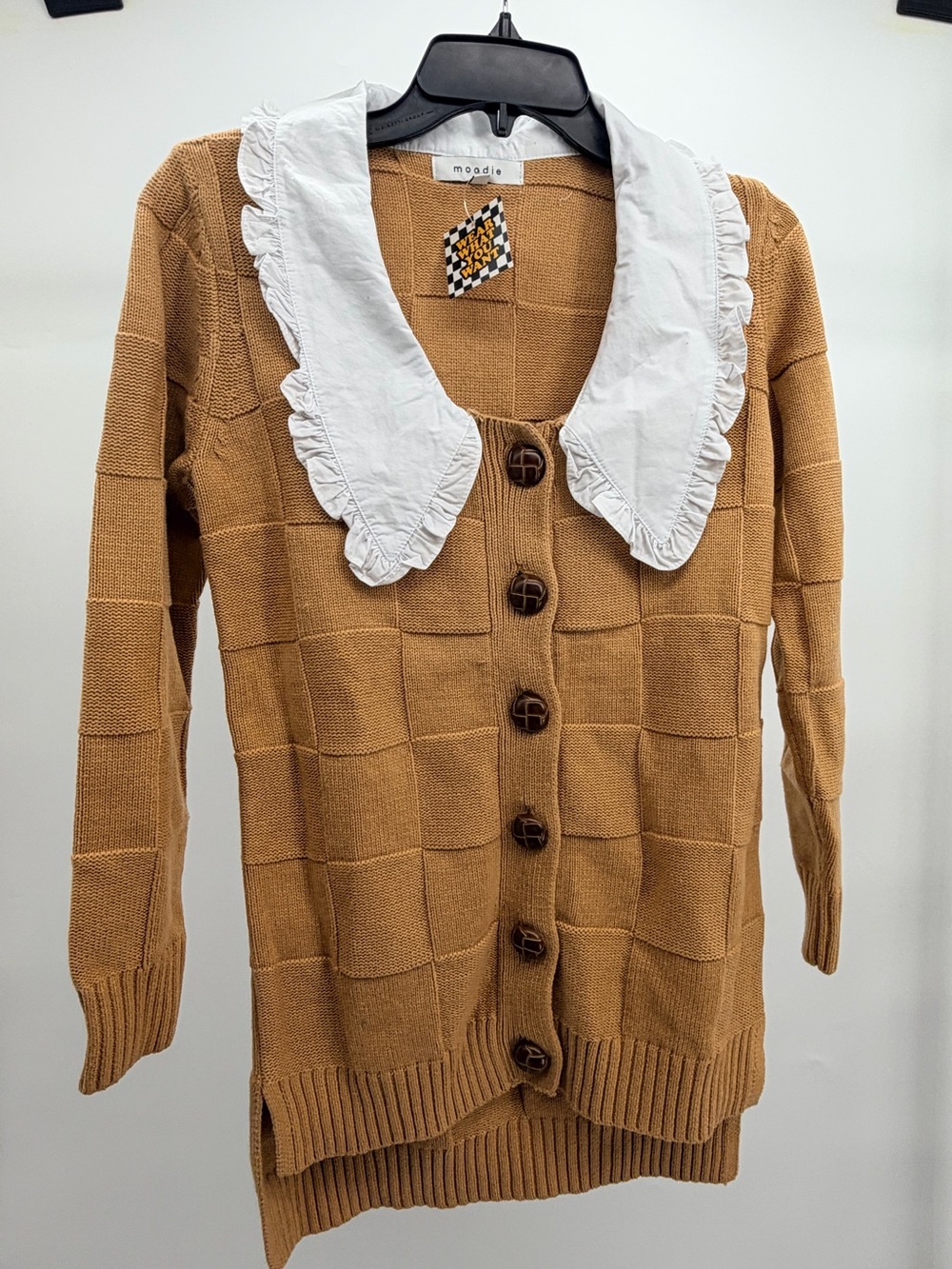 Camel Knit Button-Front Sweater with White Ruffle Collar